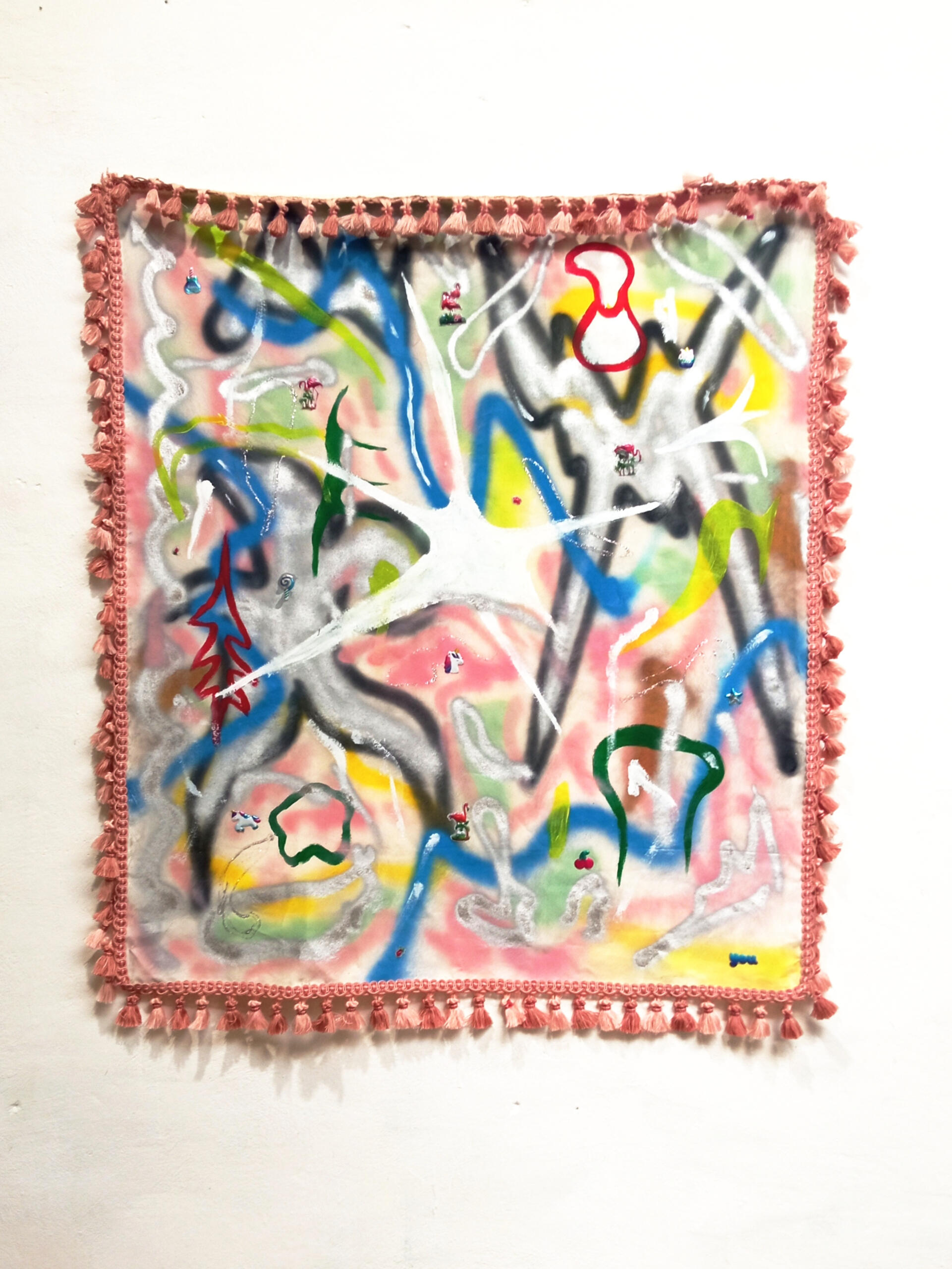 "Teen 3" 2024 acrylic paint and stickers on canvas + tassels 112x98cm Teen series