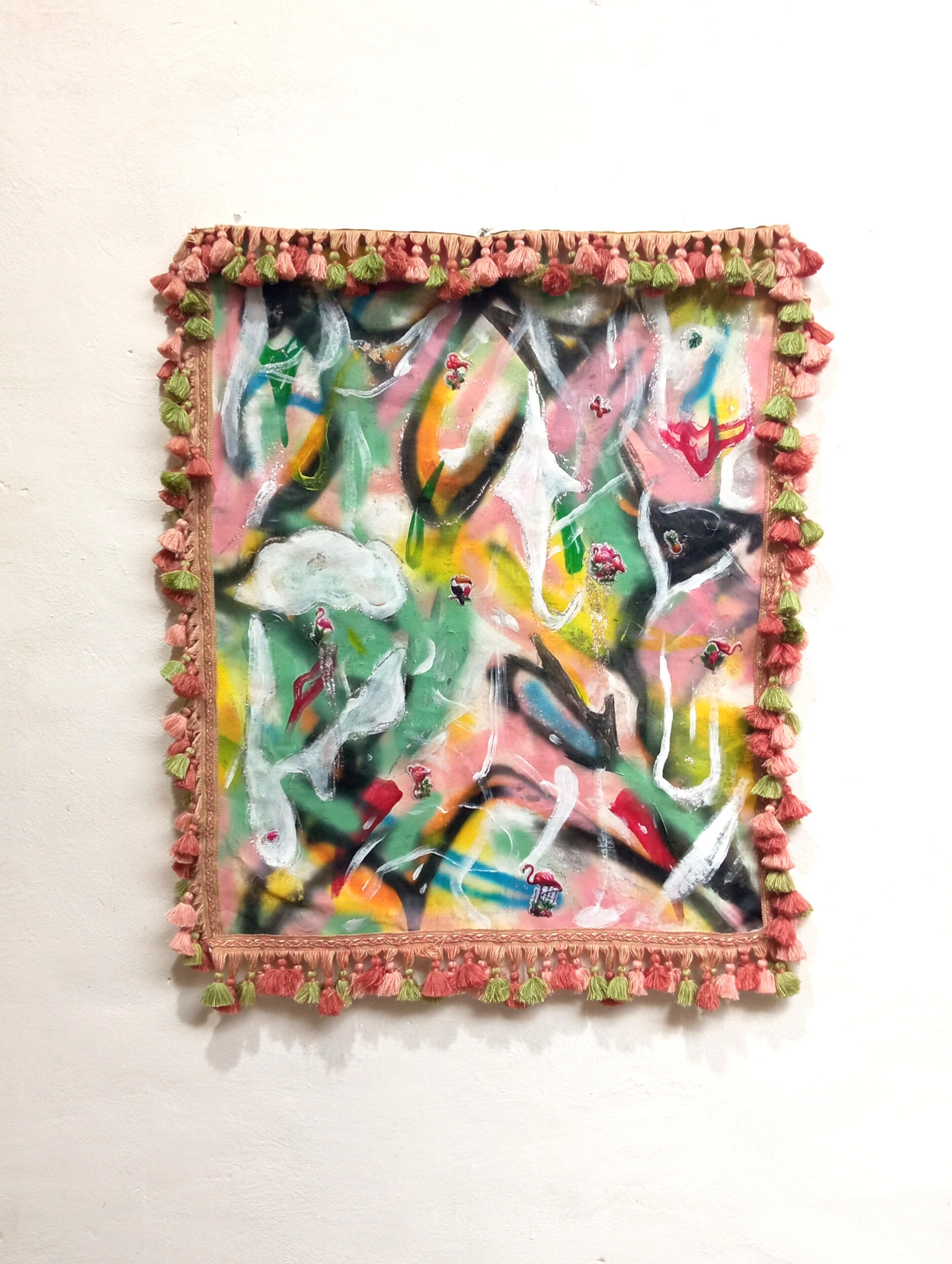 &quot;Teen 1&quot; acrylic paint, stickers on canvas, tassels 65x82cm Teen series 2024