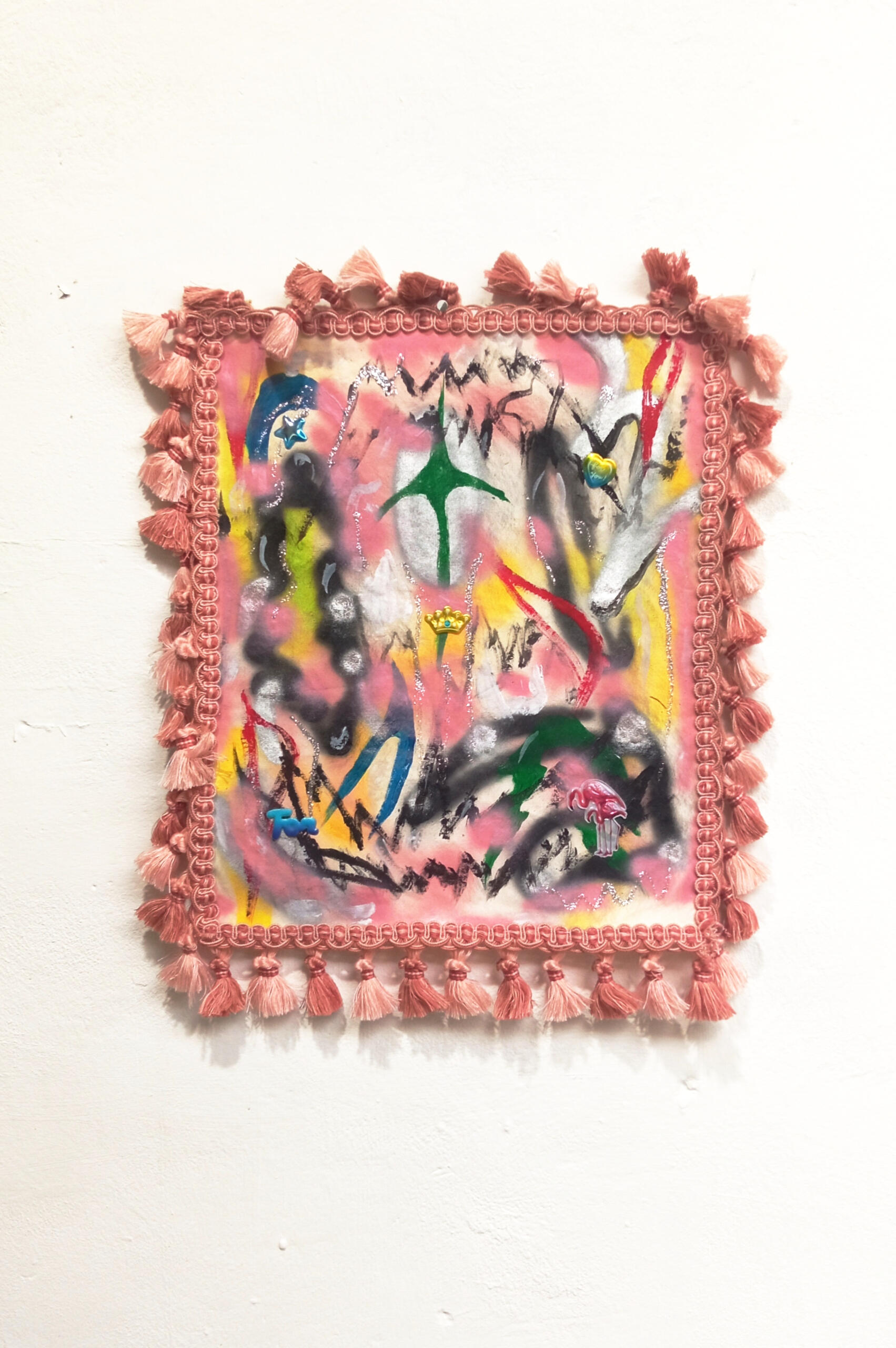 "Teen 2" acrylic paint, stickers on canvas, tassels 112x98cm Teen series 2024