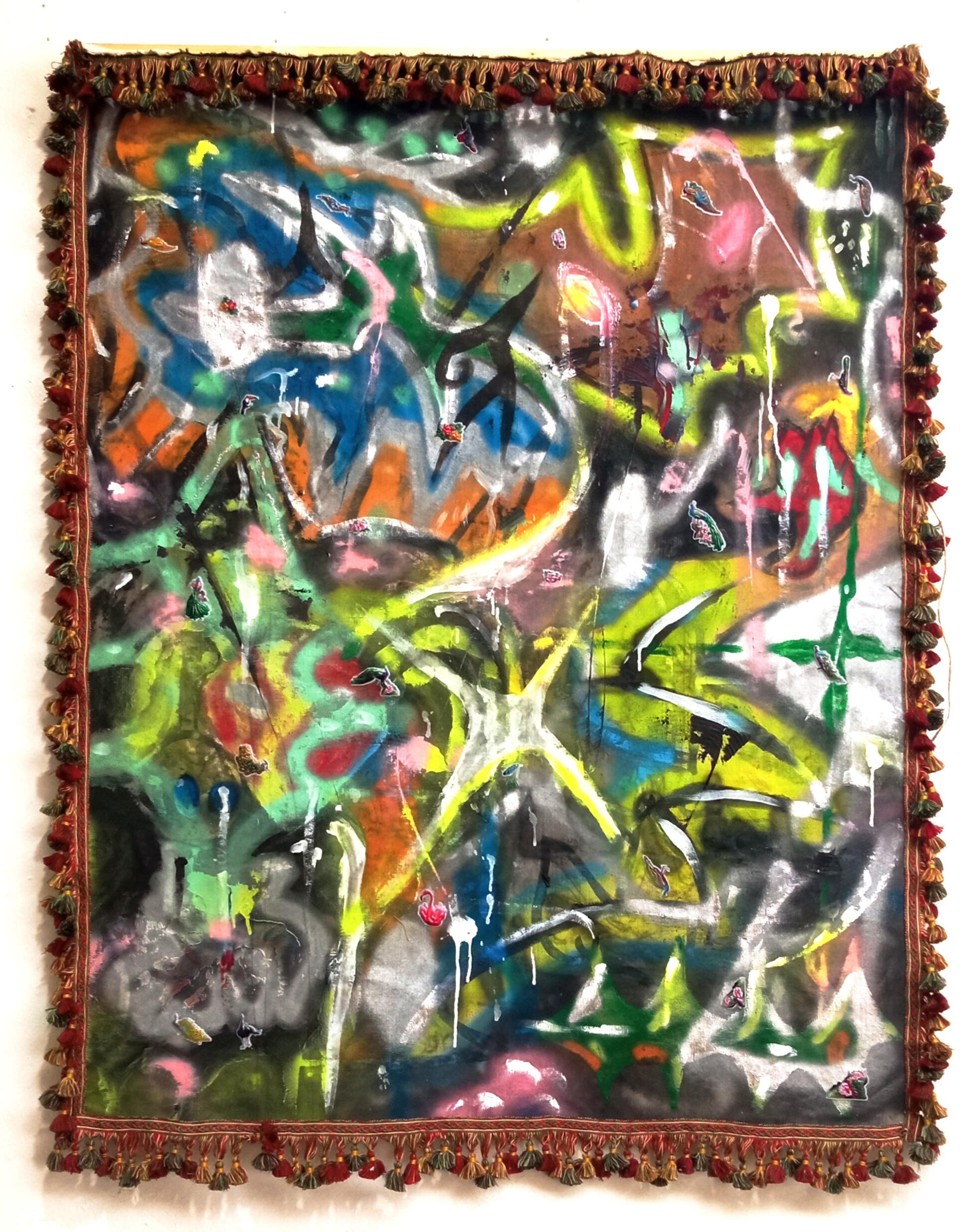 "Romance" acrylic paint, stickers, tassels 142x109cm Romance series 2024